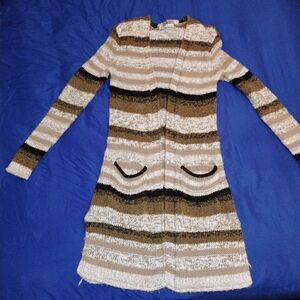 Maurices Neutral Striped Knit Cardigan with Navy Accents